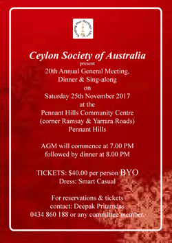Ceylon Society of Australia present 20th Annual General Meeting, Dinner and Sing-along