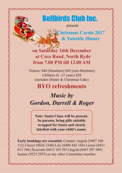 Bellbirds Club Inc present Christmas Carols 2017 & Yuletide Dinner
