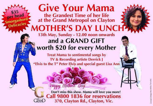 Mother's Day Lunch at the Grand Metropol (Sunday 13th May 2018) with Derrick J (Melbourne Event)