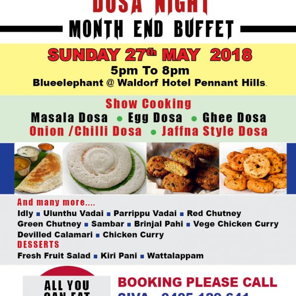 Dosa Night - Month End Buffet - @ the Blue Elephant (Sunday 27th May 2018) - Sydney Event
