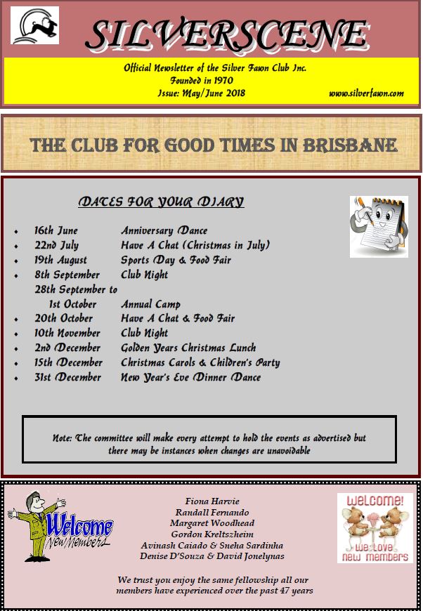Silver Fawn Club Inc – Social and Sports Club – Brisbane – May-June 2018 Newsletter