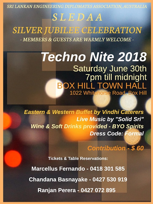 Sri Lankan Engineering Diplomats Association, Australia (SLEDAA) Silver Jubilee Celebration - Techno Nite 2018 (30th June 2018) (Melbourne Event)