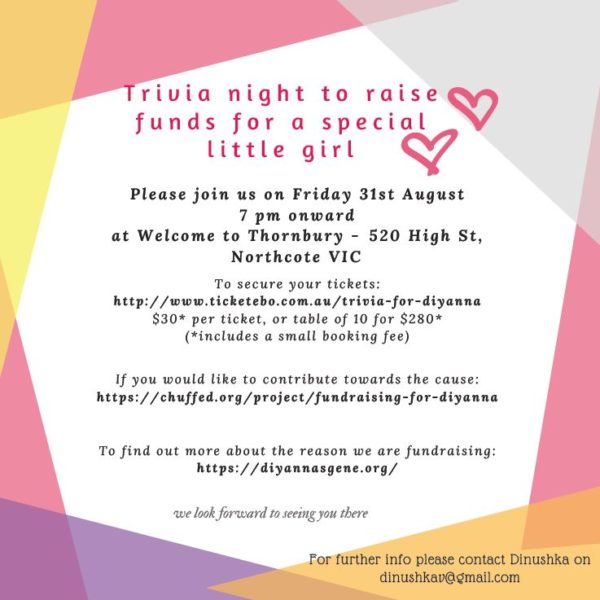 Trivia Night to Raise Funds for a Special Little Girl - Friday 31st August 2018 (Melbourne event)