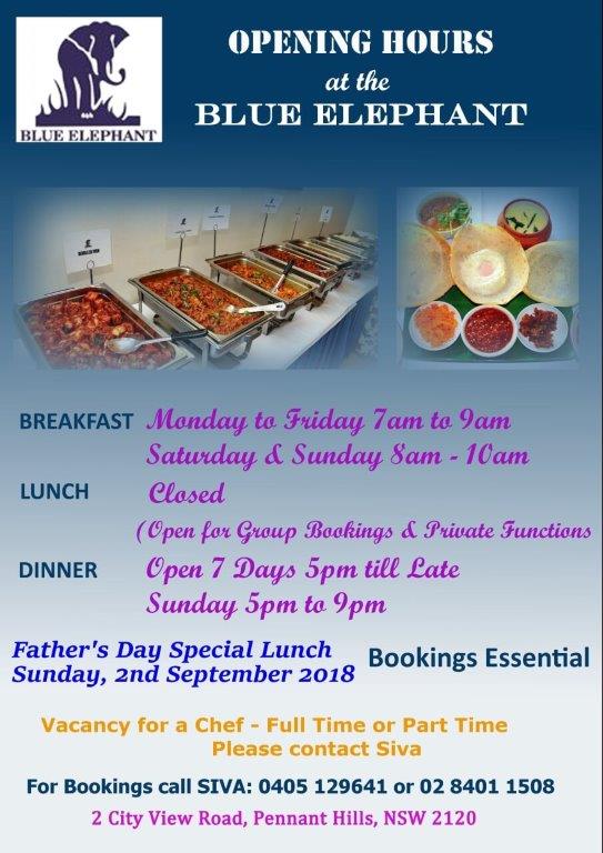 Blue Elephant Restaurant – Pennant Hills (Sydney) – Opening Hours