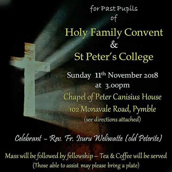 Remembrance Mass for past pupils of Holy Family Convent & St Peter's College - November 11, 2018