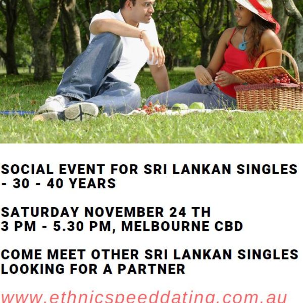 SOCIAL EVENT FOR SRI LANKAN SINGLES - 30 - 40 YEARS - Melbourne - 24th November 2018