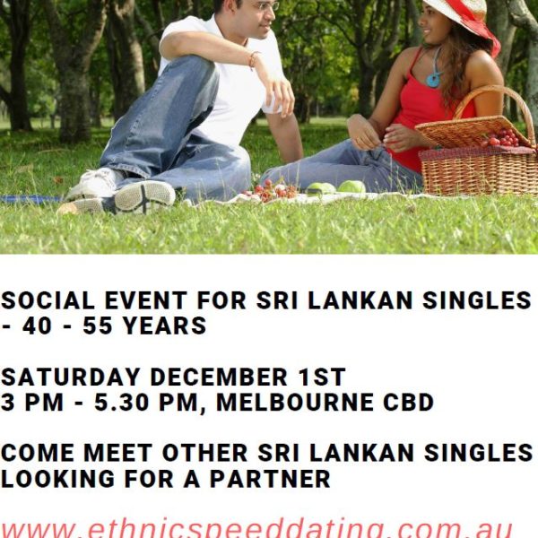 SOCIAL EVENT FOR SRI LANKAN SINGLES - 40 - 55 YEARS - Melbourne 1st December 2018