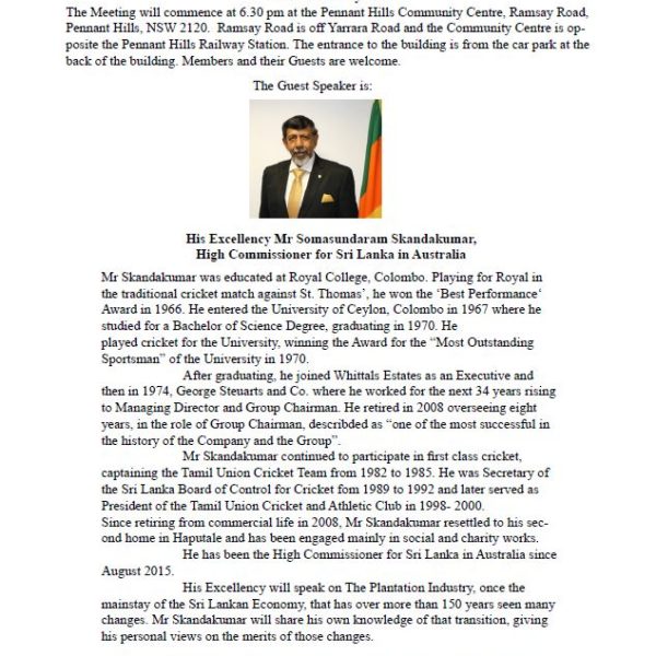 Ceylon Society of Australia - SYDNEY - First General Meeting on Sunday 24th February 2019