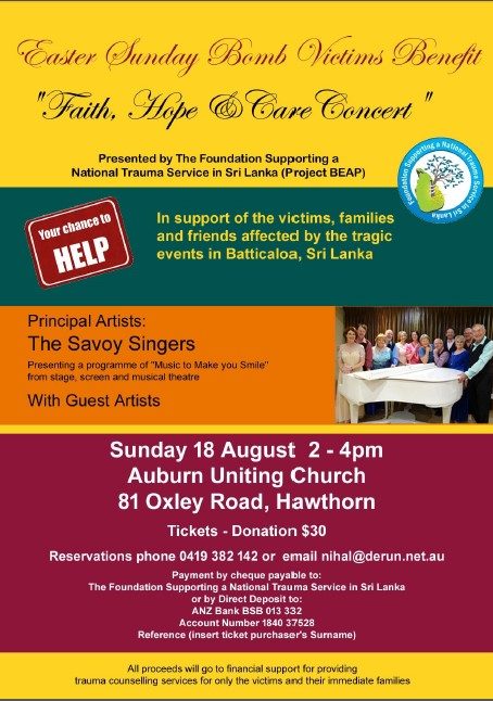Easter Sunday Bomb Victims Benefit – Faith, Hope & Care Concert – presented by The Foundation Supporting a National Trauma Services in Sri Lanka (Project BEAP)