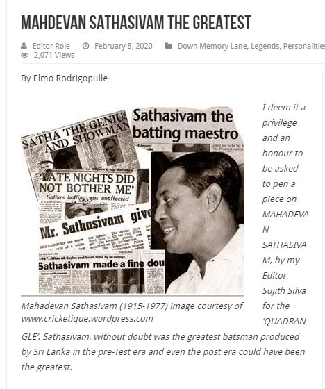 “BRADMAN OF OLDE CEYLON” – By Des Kelly
