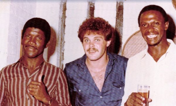 Richard Austin (right) with fellow rebel Lawrence Rowe (left) and a friend at a party during the first rebel tour of South Africa in 1983. Photograph: Ray Wynter