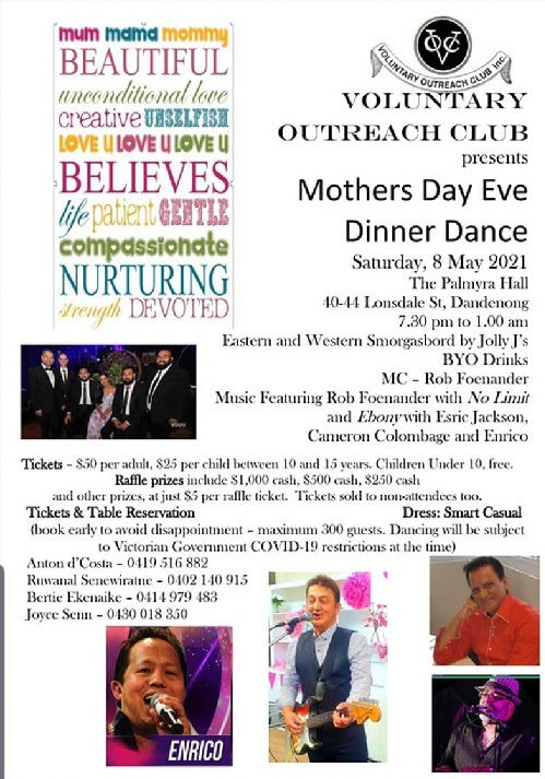 Voluntary Outreach Club – Mothers Day Eve - Dinner Dance – 8 May 2021 (Melbourne event)