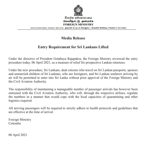 Entry Requirement for Sri Lankans Lifted!