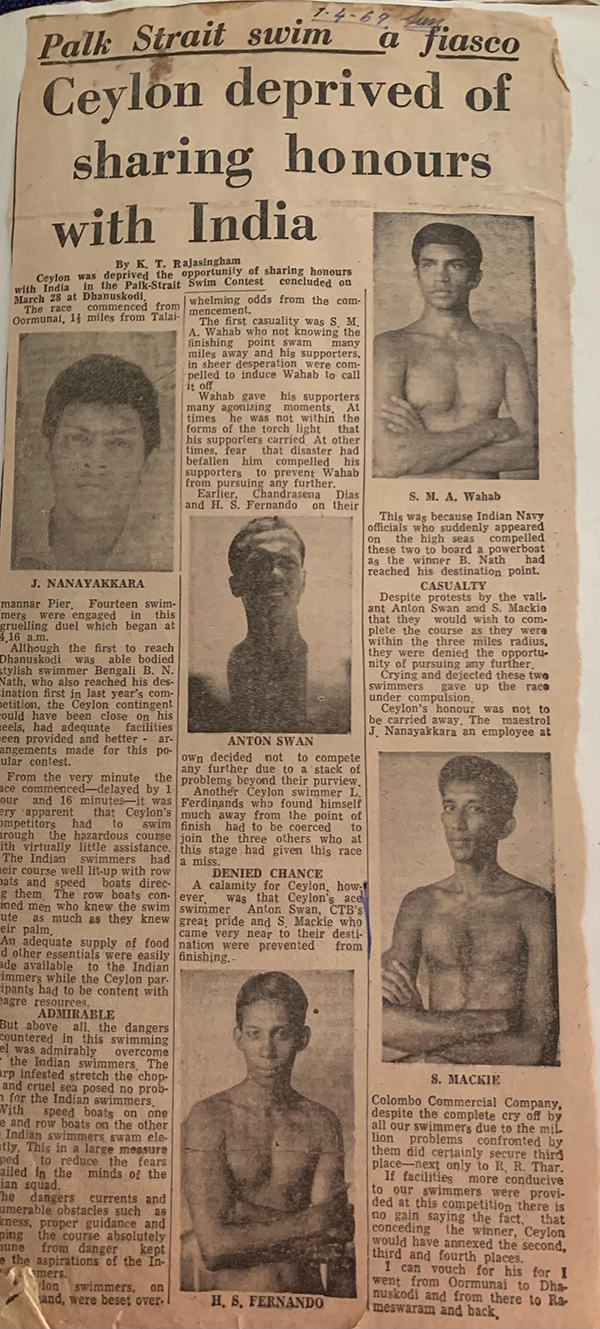 Palk Strait Swim Fiasco – Ceylon’s Anton Swan and Other Swimmers deprived of Sharing Honours with India (1st April 1969)