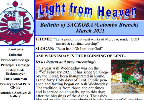 St. Anthony’s College Kandy Old Boys Association – Light from heaven – Bulletin of SACKOBA (Colombo Branch) – March 2021