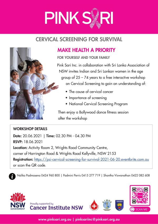 Pink Sari Inc in collaboration with the Sri lanka Association of NSW invites Indian & Sri Lankan Women – for a Free Interactive Workshop on Cervical Screening 20 June 2021 (Kellyville, NSW).