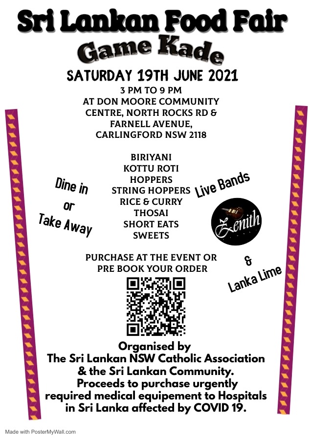 Food Fair Sri Lankan - NSW Catholic Association (SLNSWCA) - Saturday 19th June, 3pm-10pm - PRE-ORDER details