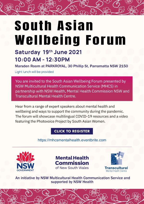 INVITATION: South Asian Wellbeing Forum Sat 19 June 2021 10 am to 12.30 pm at PARKROYAL Parramatta