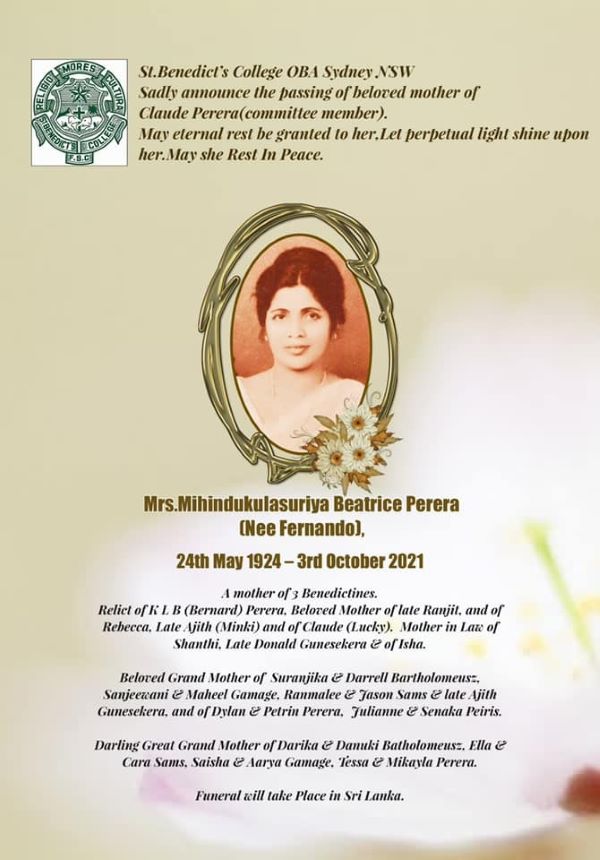 Obituary: Mrs Mihindukulasuriya Beatrice Perera (Nee Fernando) (24 May 1924 – 3 Oct 2021)