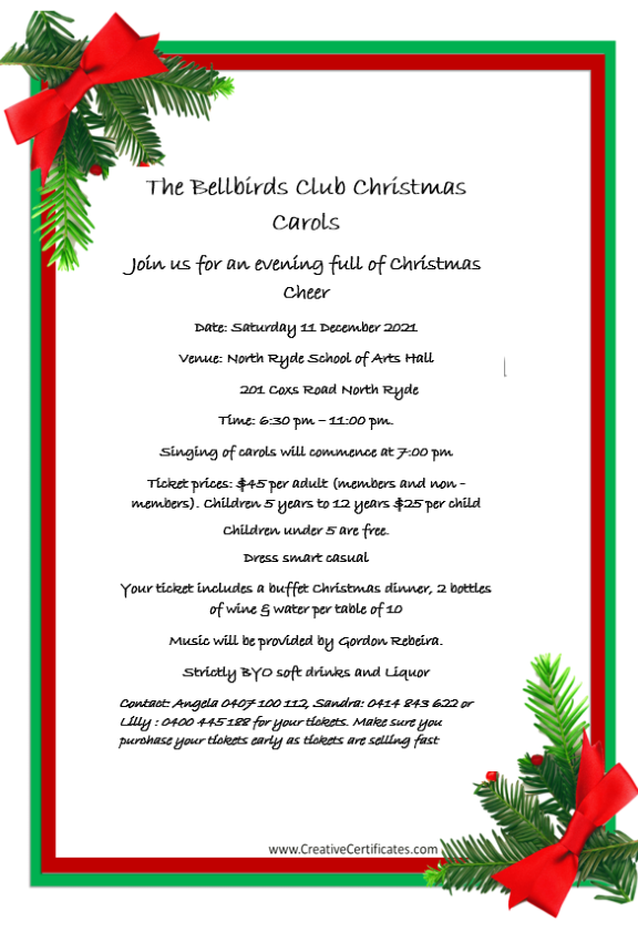 The Bellbirds Club Christmas Carols – Saturday 11th December 2021