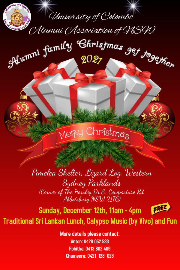 University of Colombo Alumni Association of NSW – Alumni Family Christmas get together – Sunday 12th December 2021 (Sydney event)