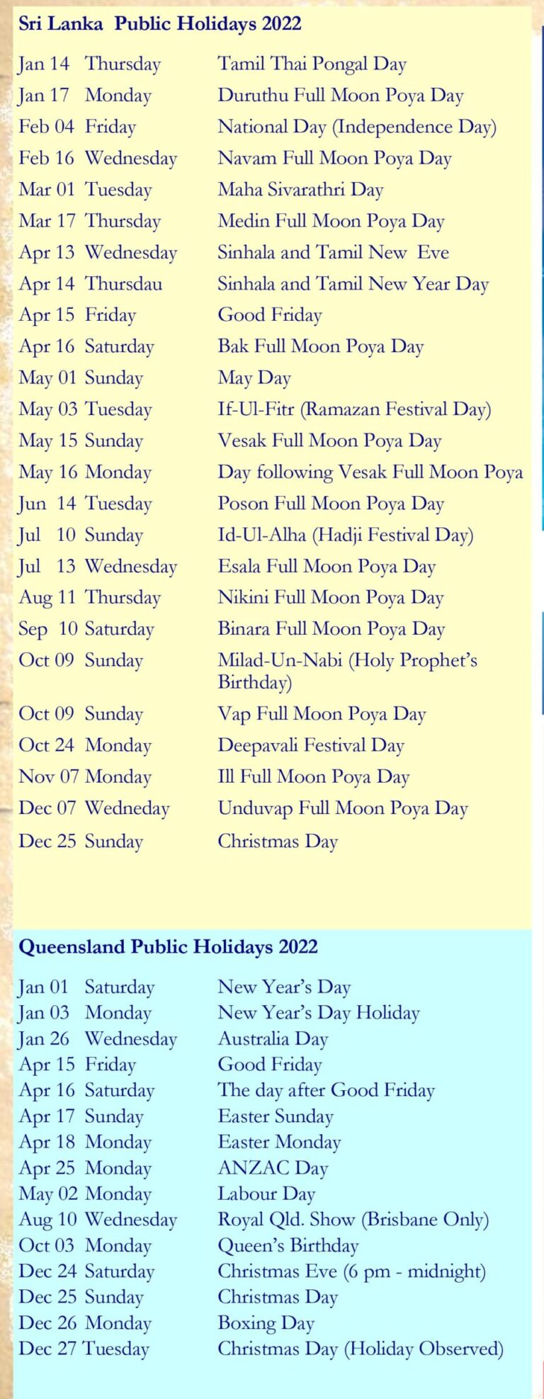 Public Holidays Queensland and Sri Lanka