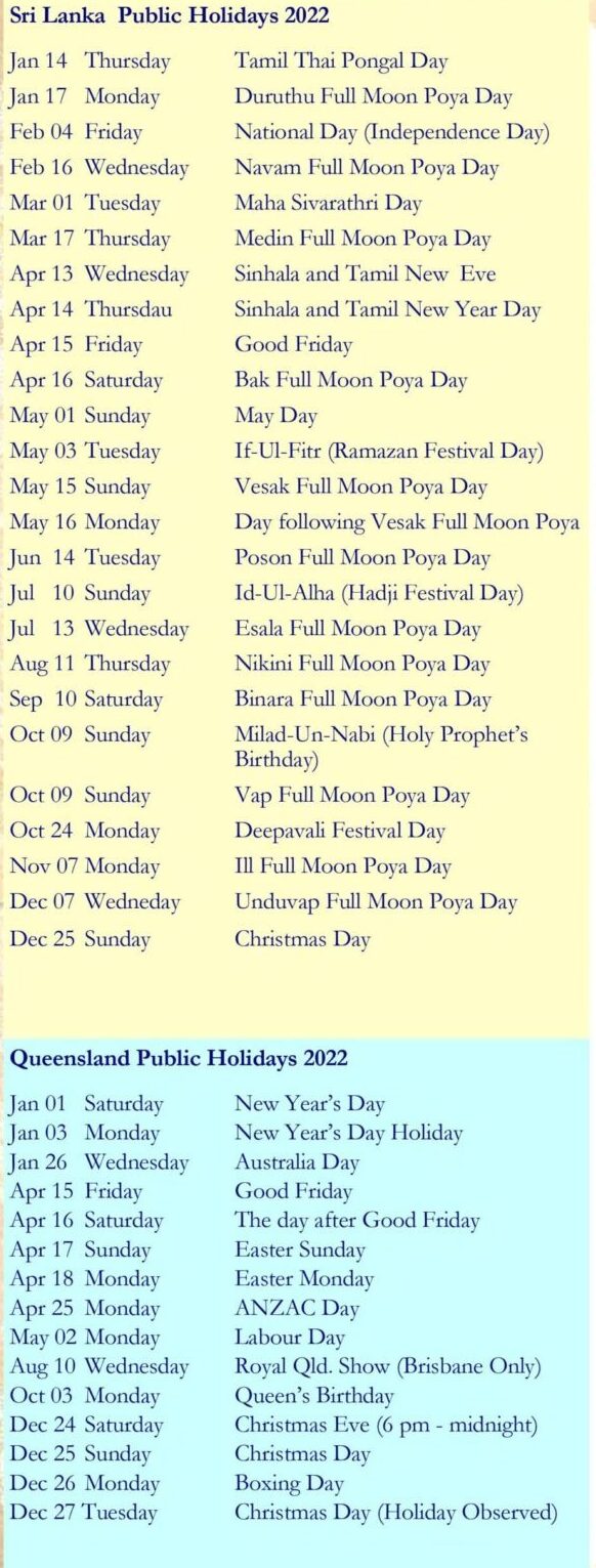 Public Holidays Queensland and Sri Lanka