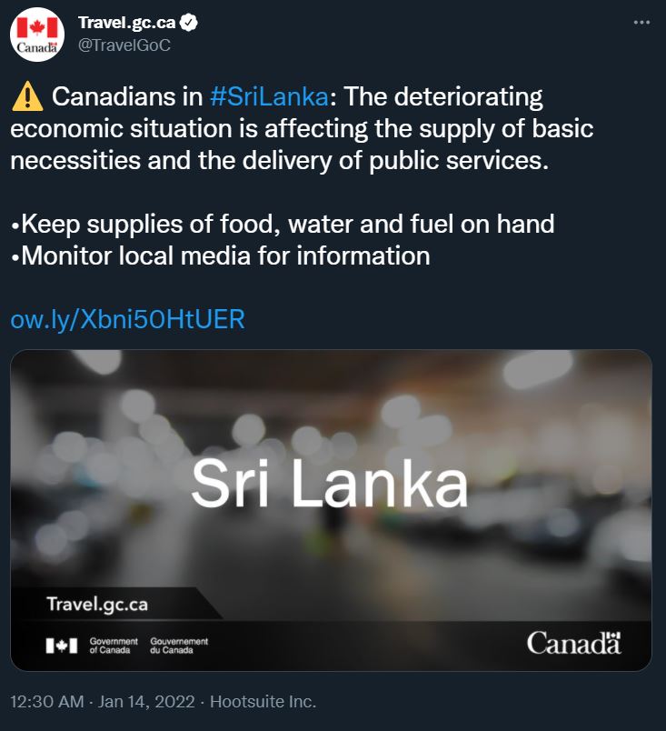 Canada warns its citizens over Sri Lanka’s worsening economic situation-by Zulfick Farzan