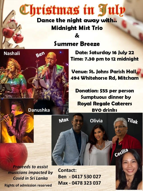 Christmas in July – Dance the night away with Midnight Mist Trio & Summer Breeze – Saturday 16th July 2022 (Melbourne event)