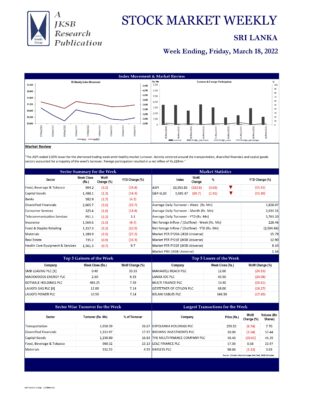John Keells Stock Brokers (JKSB) – Sri Lanka – STOCK MARKET WEEKLY 18-03-2022 John Keells Stock Brokers (JKSB)