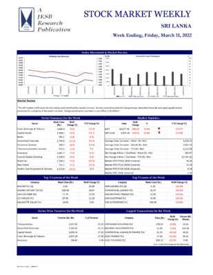 John Keells Stock Brokers (JKSB) – Sri Lanka – STOCK MARKET WEEKLY 11-03-2022 John Keells Stock Brokers (JKSB)