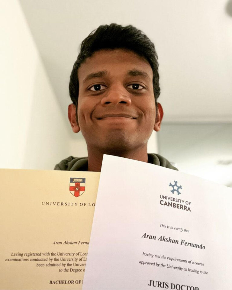Aran Fernando – 6 years, 2 law degrees from 2 different countries – L.L.B Graduate(UK) | JD Graduate(Australia)