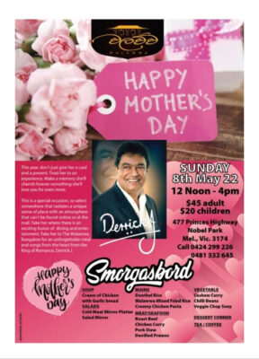 Mother's Day Lunch with Derrik J – Sunday 8th May 2022 (Melbourn event)