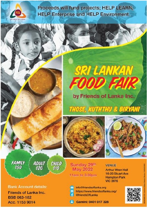  Sri Lankan Food Fair May 2022 - Sunday 29, 11.00 am to 3.30 pm(Melbourne Event )
