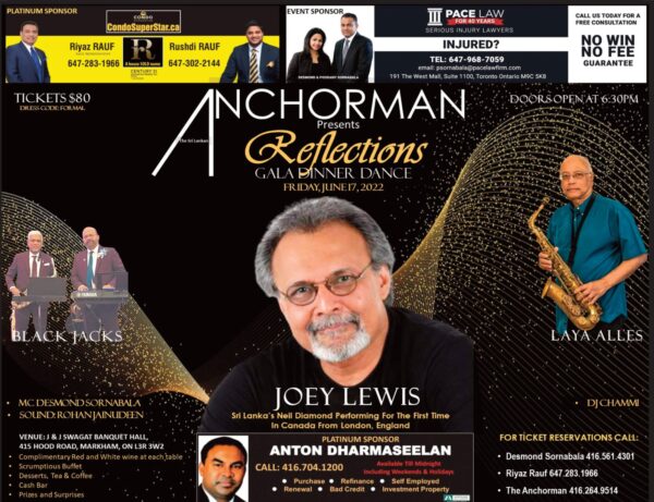 The Sri Lankan ANCHORMAN proudly presents REFLECTIONS - Gala Dinner Dance - Friday, June 17, 2022 at the J&J Swagat Banquet Hall (Ontario - Canada event)