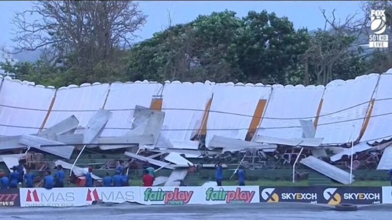 Grandstand collapses in Galle as wild weather delays play in second Test