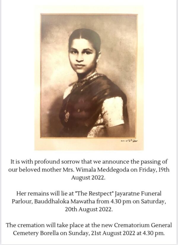 Obituary: Mrs Wimala Meddegoda