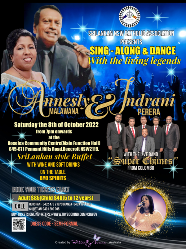 Sing-Along, Dine & Dance with the living legends Annesly Malawana, Indrani Perera & the Super Chimes Band – Sydney event – Sunday 8th October 2022