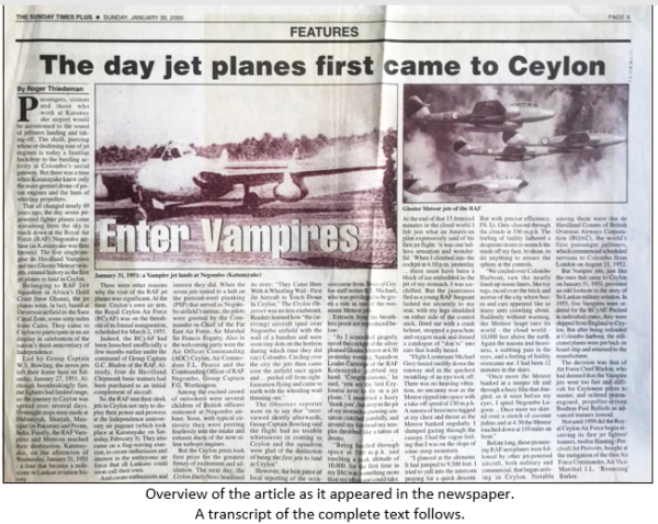 FIRST JET AIRCRAFT TO LAND IN SRI LANKA Compiled - By Gp Capt Kumar Kirinde, SLAF (Retd)