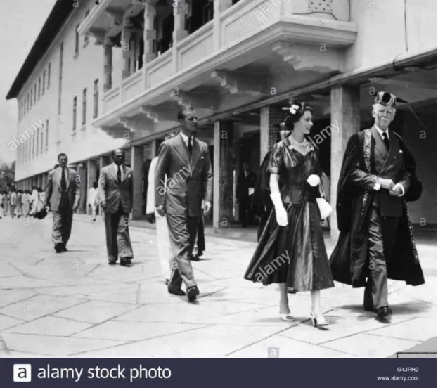 Lord Soulbury, Queen Elizabeth and Prince Philip at Peradeniya University-by Michael Roberts