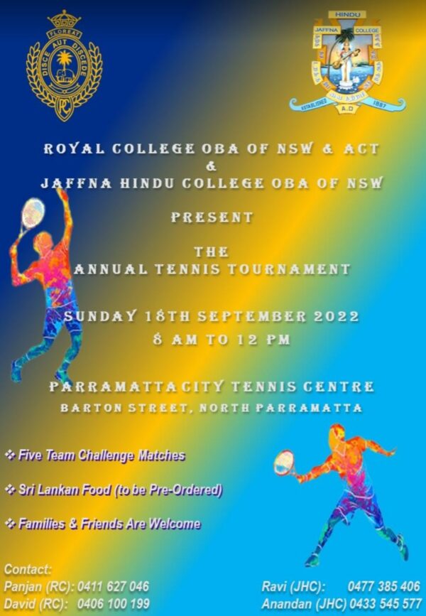 Royal College OBA & Jaffna Hindu Collage OBA Annual Tenis Tournament - Sunday 18th September 2022 - 8 AM to 12 PM