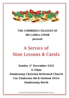 Combined Colleges of Sri Lanka Choir - December 2022 - Sunday 4 - 6.30 pm ( Melbourne)
