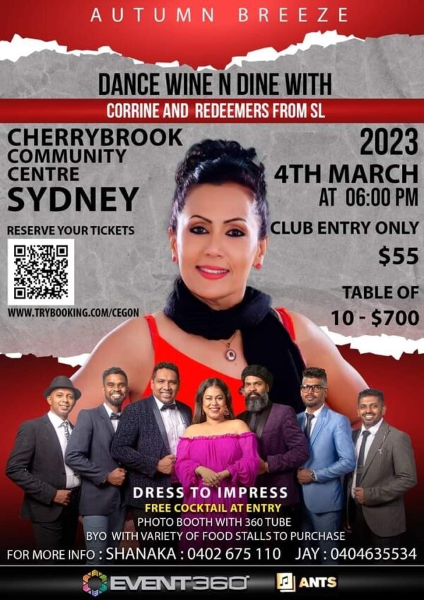 AUTUM BREEZE – Dance, Wine & Dine with Corrine & Redeemers from Sri lanka – Cherrybrook Community Centre – 4th March 2023 (Sydney event)