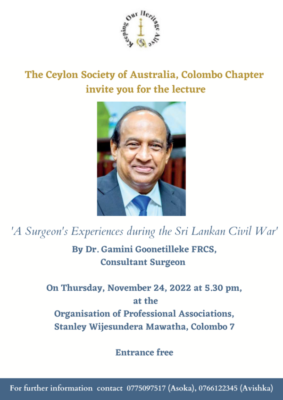Ceylon Society of Australia Colombo Chapter Dr. Gamini Goonetilleke FRCS,