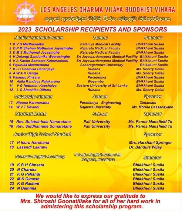 Los Angeles Dharma Vijaya Vuddhist Vihara 2023 Scholarship Recipients and Sponsors
