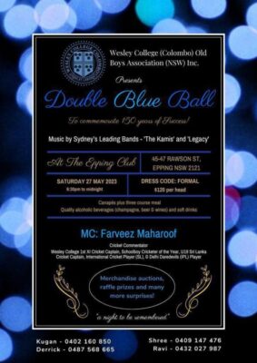 Wesley College (Colombo) Old Boys Association (NSW) Inc Presents Double Blue Ball – at the Epping Club (Sydney event) – 27th May 2023