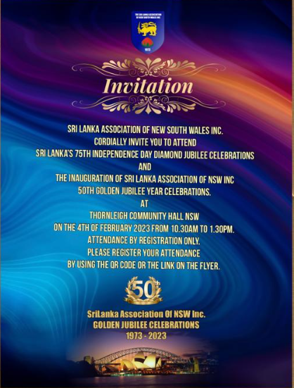 Sri Lankan Association of NSW Inc (SLA) is celebrating the 75th Sri Lankan Independence Day together with SLA's 50 Anniversary celebrations Inaugural Ceremony.