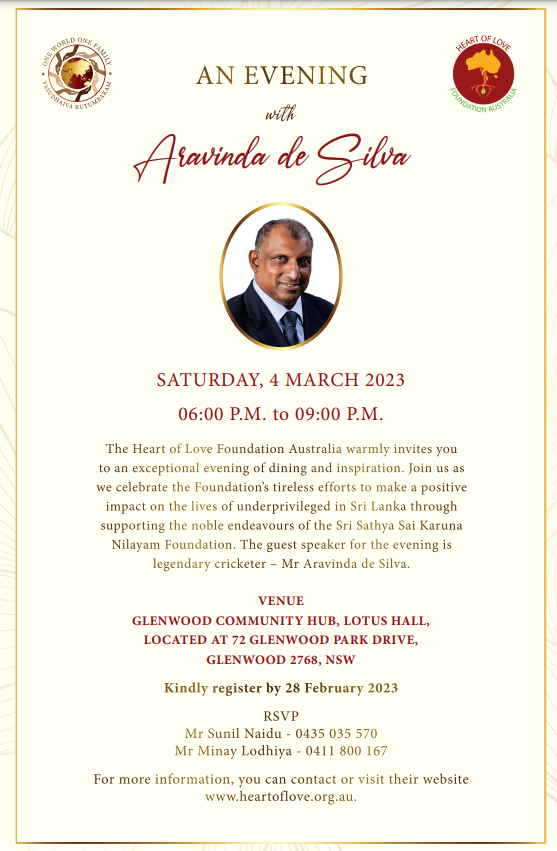 An evening with Aravinda De Silva - Heart of Love Foundation - Special Event – Saturday 4th March 2023 (Sydney event)