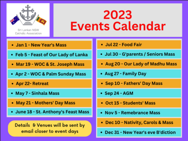 Sri Lankan NSW Catholic Association 2023 Events Calendar