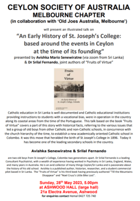 Ceylon Society Talk on Sunday 28 May 5 pm - ( Melbourne Event )